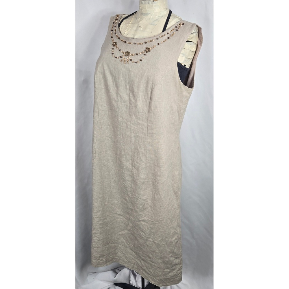 Sag Harbor Linen Blend‎ Dress 12 Beige Sleeveless Beaded Neck Shift Midi Casual